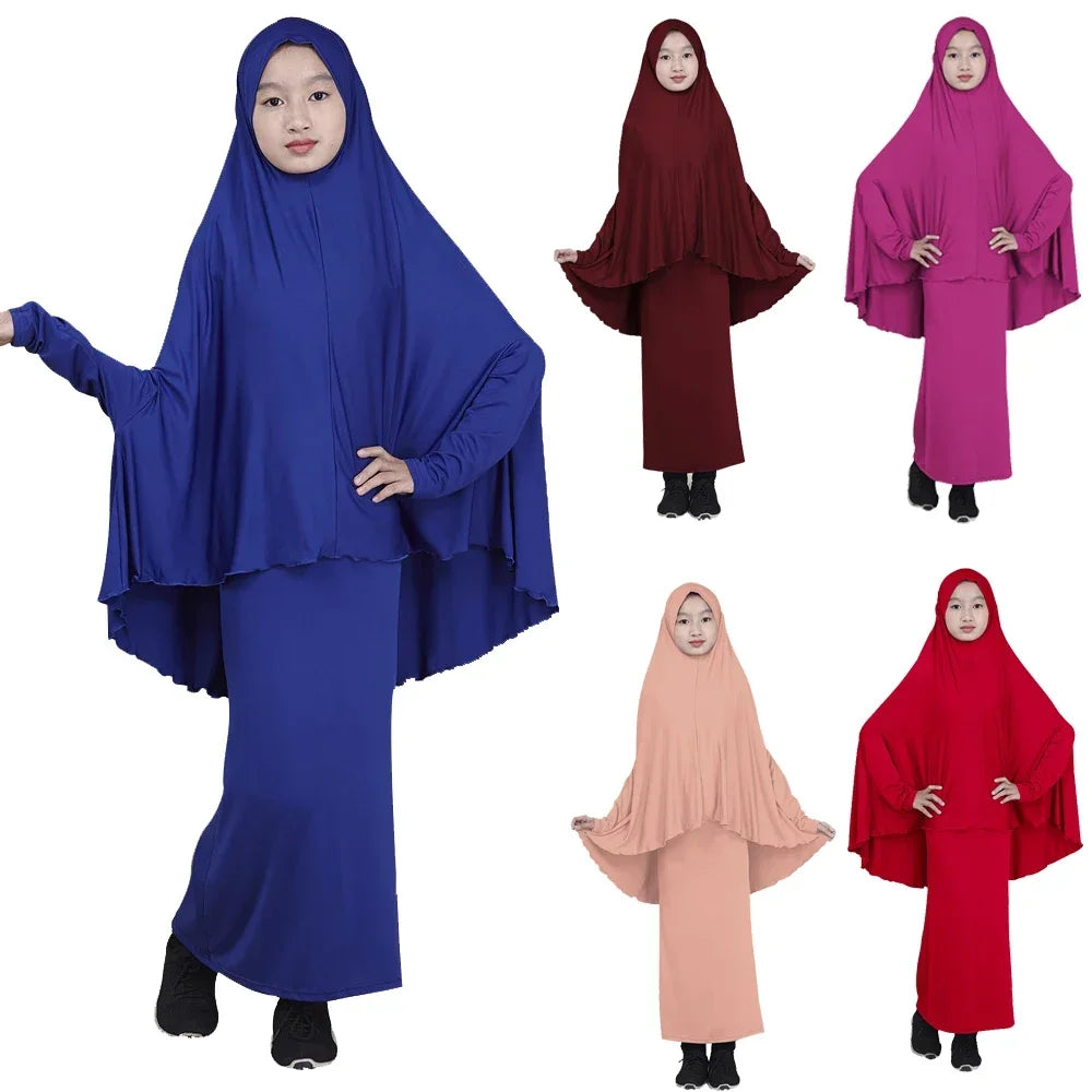 Muslim Prayer Garment for Kids, Child Dress, Overhead Caftan, Khimar Skirts, Islamic Full Cover Hijab, Abaya Arab Robe, 2 Piece