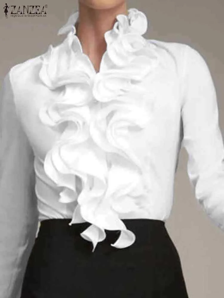 ZANZEA Elegant Women Blouse Ruffles Tops Fashion Long Sleeve Shirts Flounce Blusas Stylish OL Work Shirt Female White Blouses