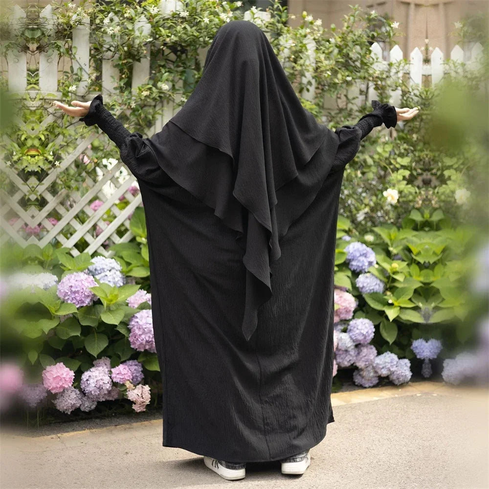 2PCS Muslim Women 2 Layer Hijab Dress Set Islamic Clothing Dubai Turkey Abaya Kaftan Eid Ramadan Djellaba Burqa Khimar Jalabiya