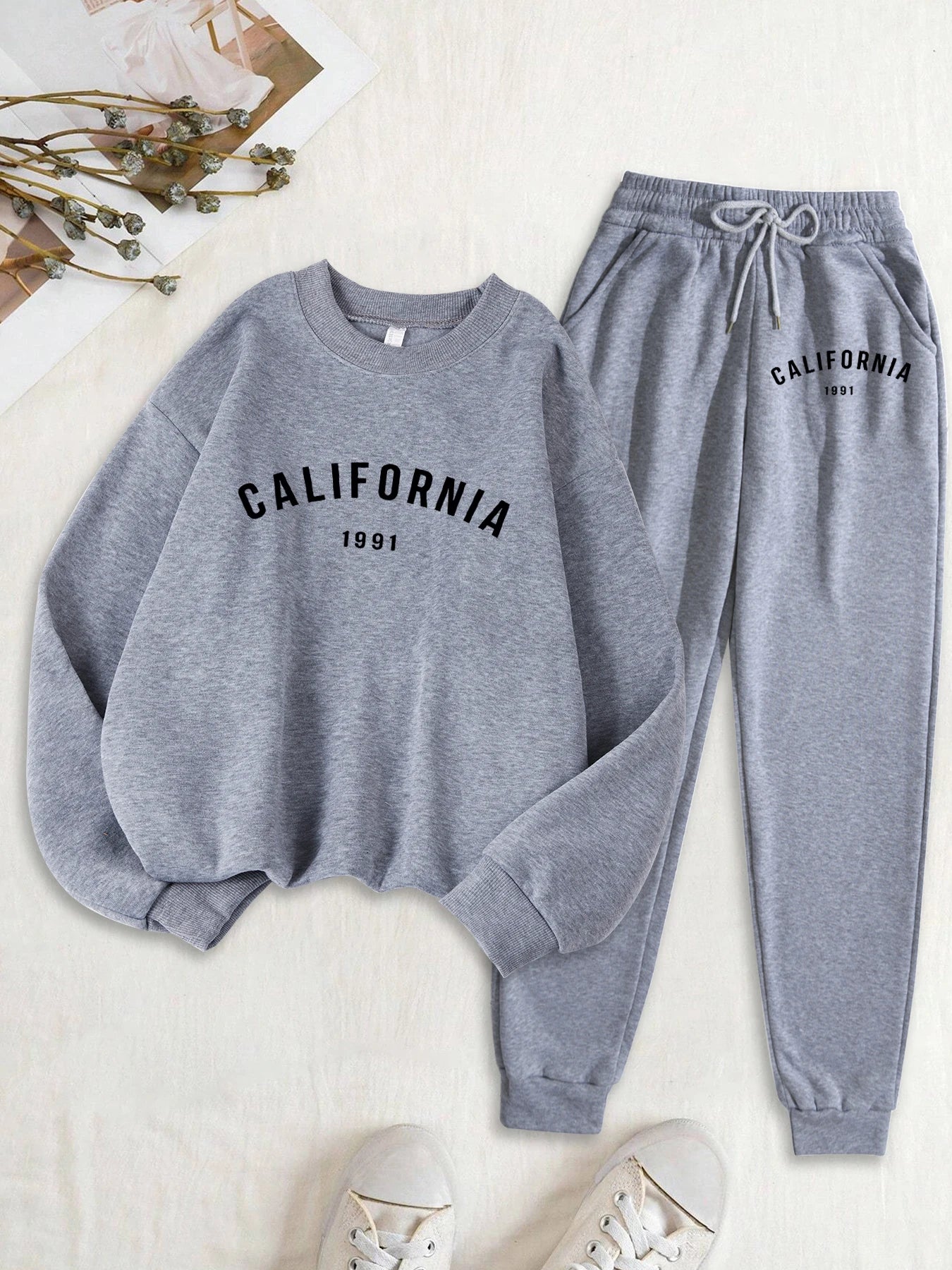 Califirnia Letter 1991 Print Women Soft Sweatshirt Set Street O-Neck Tracksuit Autumn All-Match Clothes Casual Fleece Sweatpant