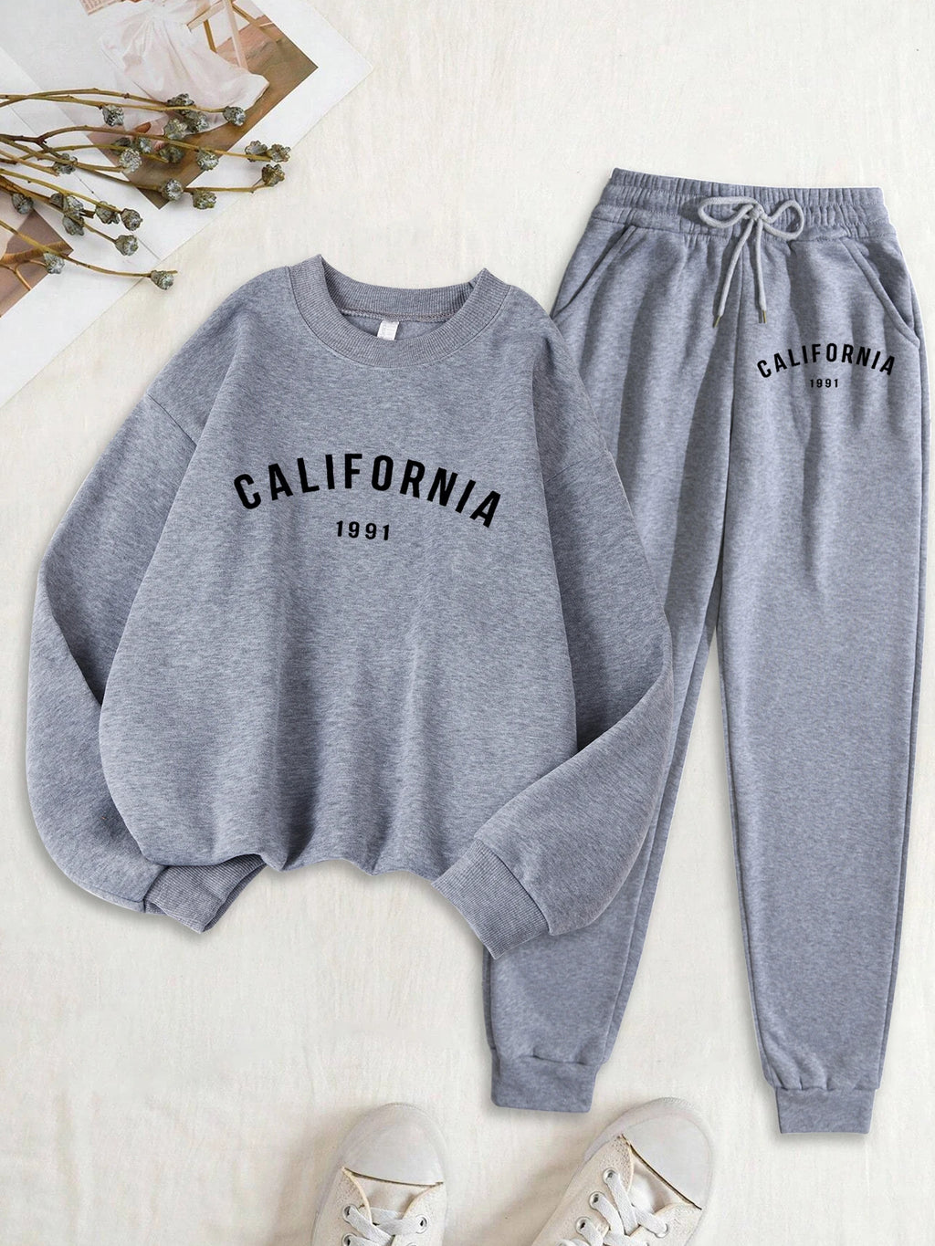 Califirnia Letter 1991 Print Women Soft Sweatshirt Set Street O-Neck Tracksuit Autumn All-Match Clothes Casual Fleece Sweatpant