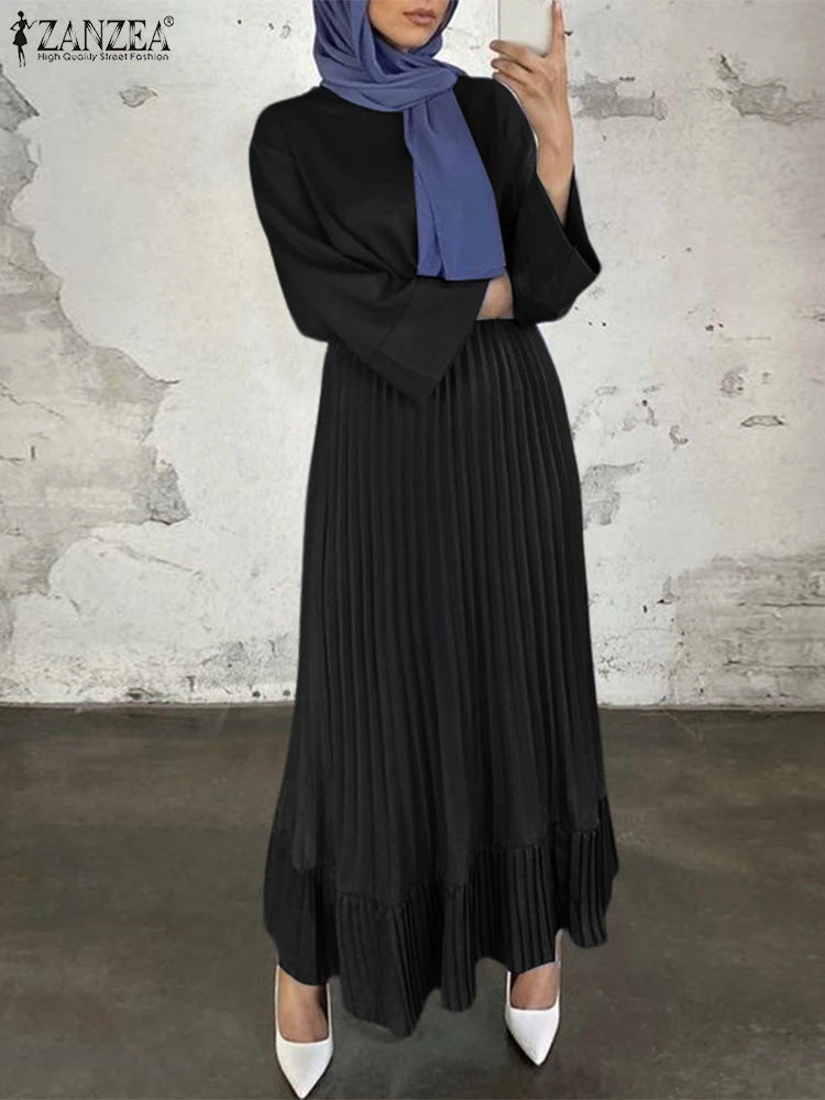 2025 ZANZEA Elegant Women Autumn Long Sleeve Solid Pleated Sundress Muslim Hijab Dresses Turkey Abaya Party Vestidos Robe Femme
