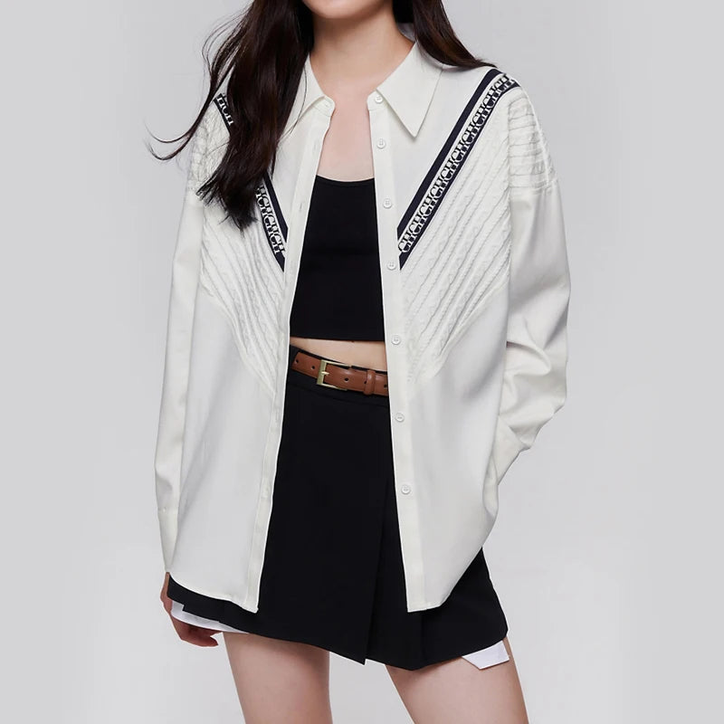 CHCH Women's Blouse Knitted Patchwork Striped Blouse Casual Fashion Office Lady Tops Clothing Streetwear Single-Breasted Shirts