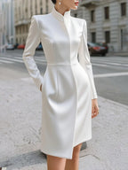 Krisstargirls Women's White Formal Evening Dress 2026 New High-Low Pockets Simple Banquet Midi Dresses for Urban Office Ladies