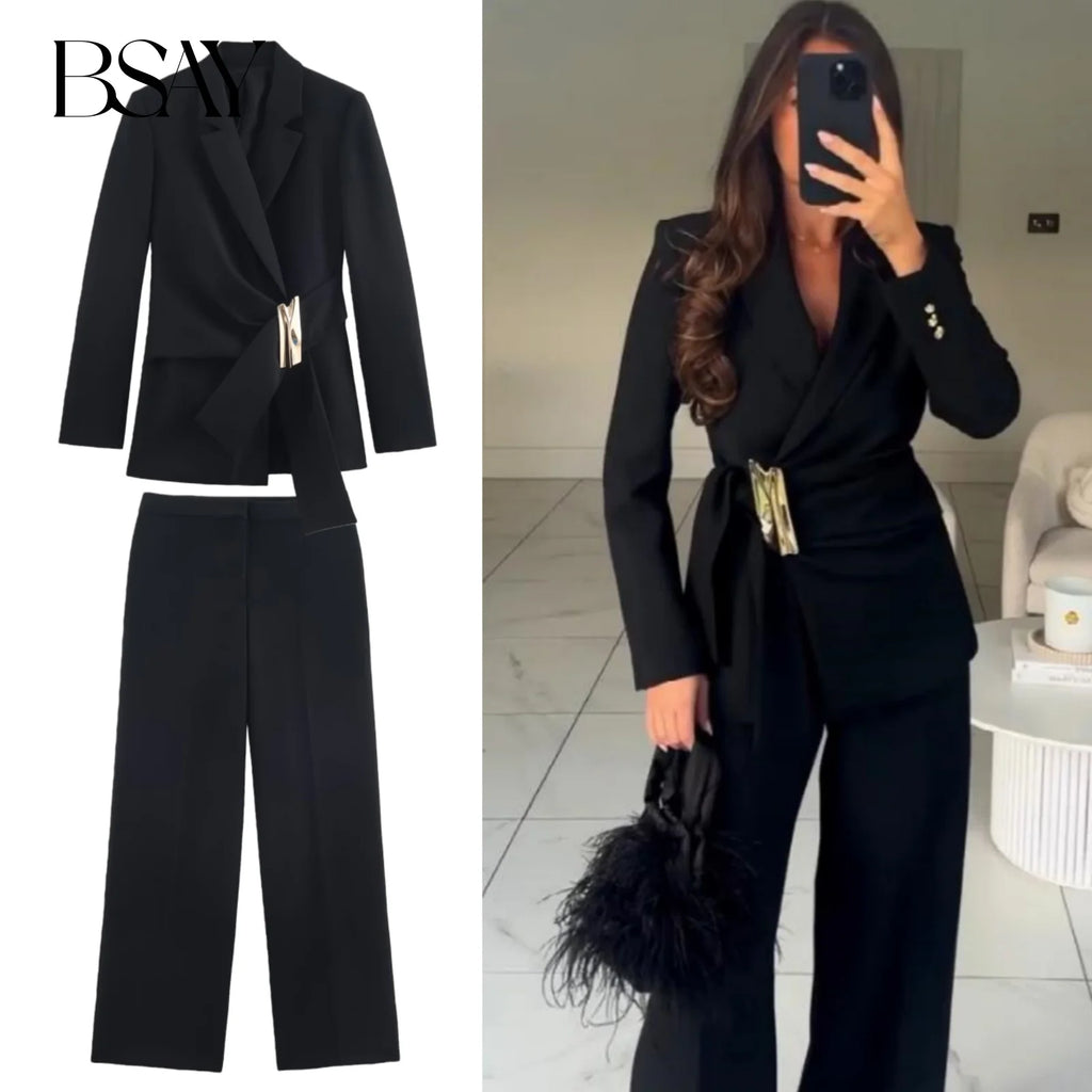 BSAY pants set 2pc suit women's clothing autumn new black Buckle embellished Blazer jackets high-waisted Straight trousers