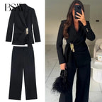 BSAY pants set 2pc suit women's clothing autumn new black Buckle embellished Blazer jackets high-waisted Straight trousers