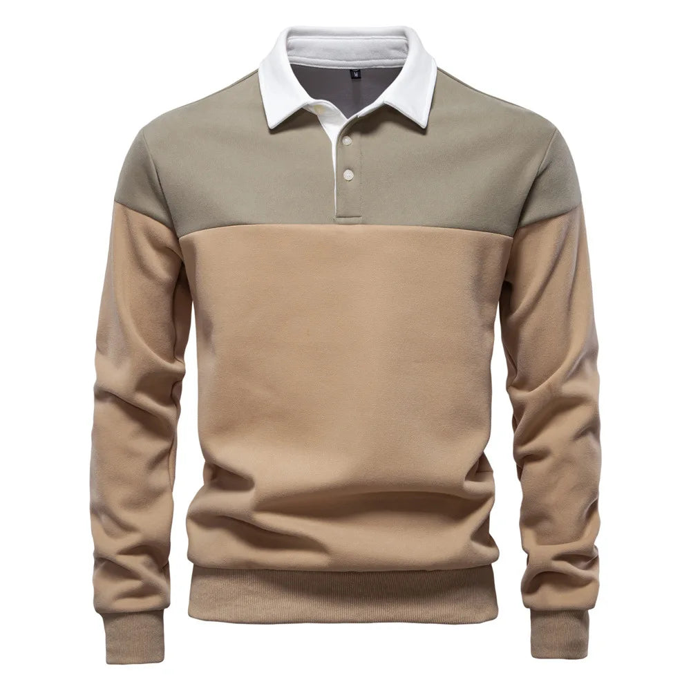 2025 New Arrival Long-Sleeve Polo-Collar Sweatshirt for Men, High-Quality Patchwork Casual Top