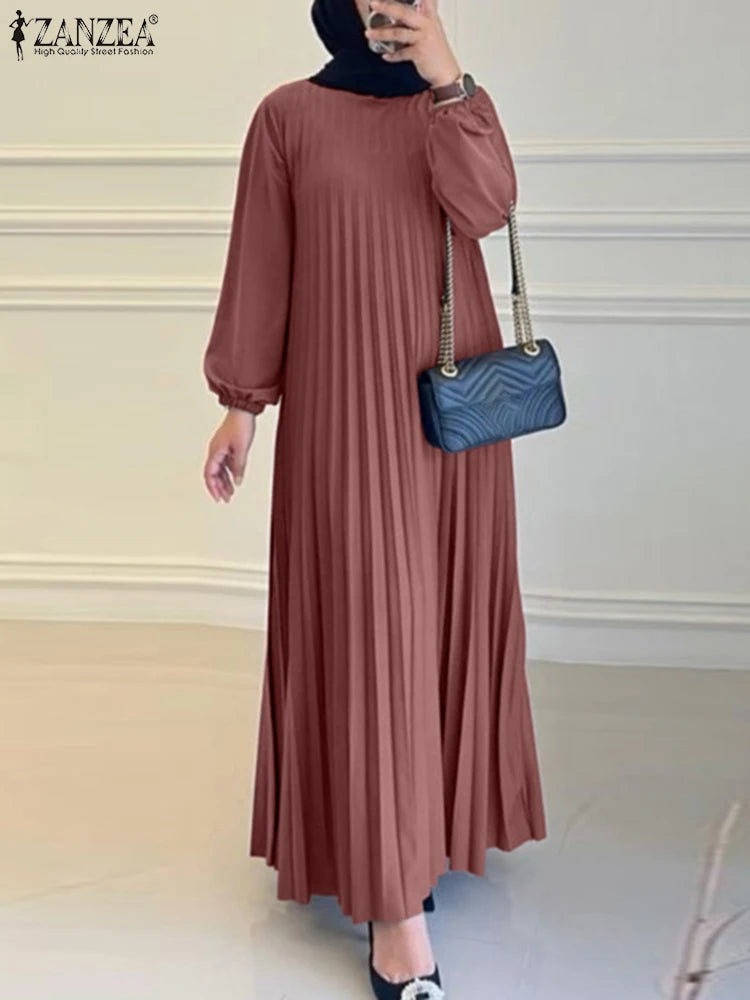 2025 ZANZEA Autumn Elegant Dresses Women O Neck Long Sleeve Sundress Muslim Dubai Abaya Robe Femme Solid Pleated Maxi Vestidos