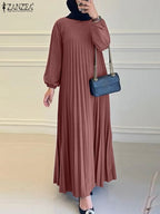 2025 ZANZEA Autumn Elegant Dresses Women O Neck Long Sleeve Sundress Muslim Dubai Abaya Robe Femme Solid Pleated Maxi Vestidos