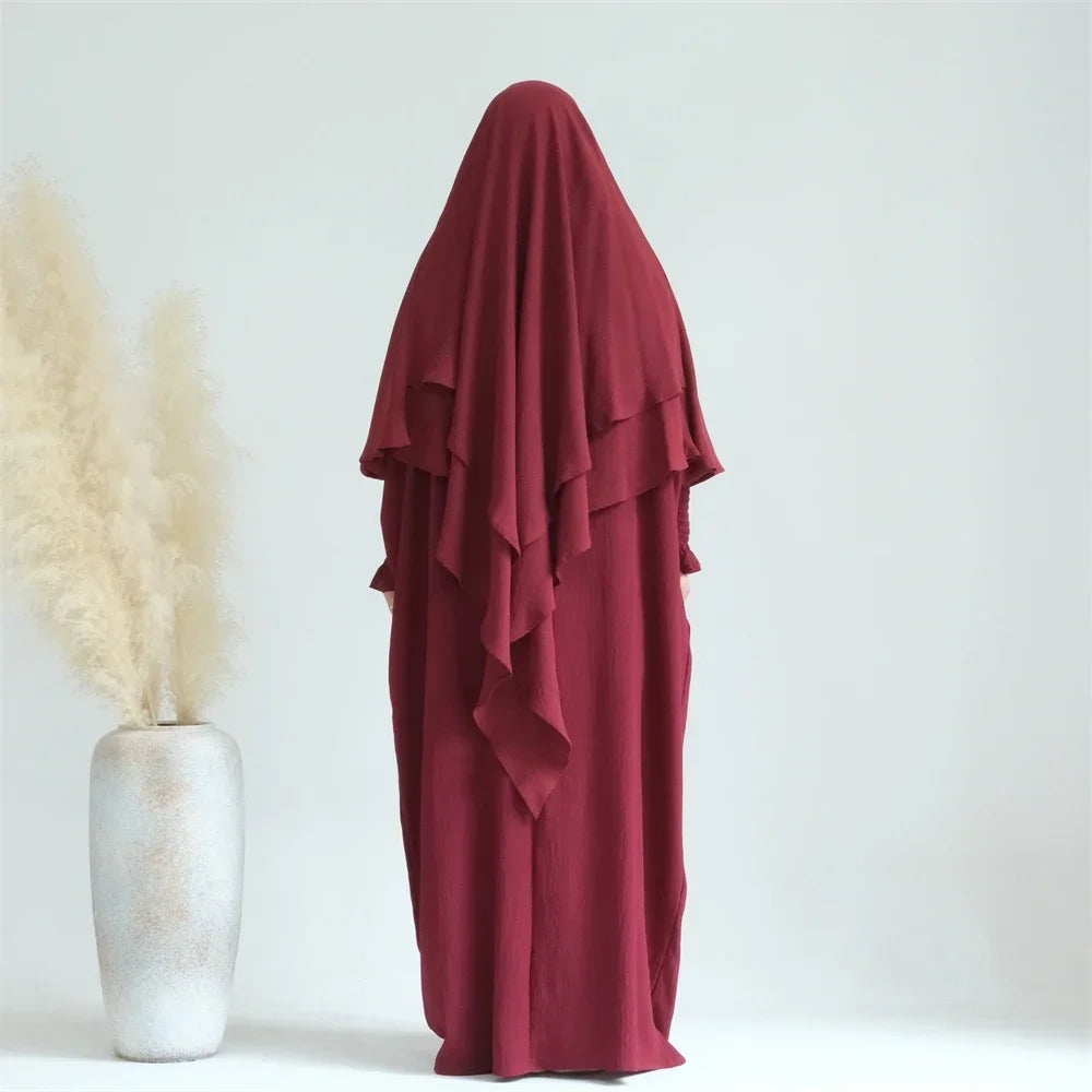 2PCS Muslim Women 2 Layer Hijab Dress Set Islamic Clothing Dubai Turkey Abaya Kaftan Eid Ramadan Djellaba Burqa Khimar Jalabiya