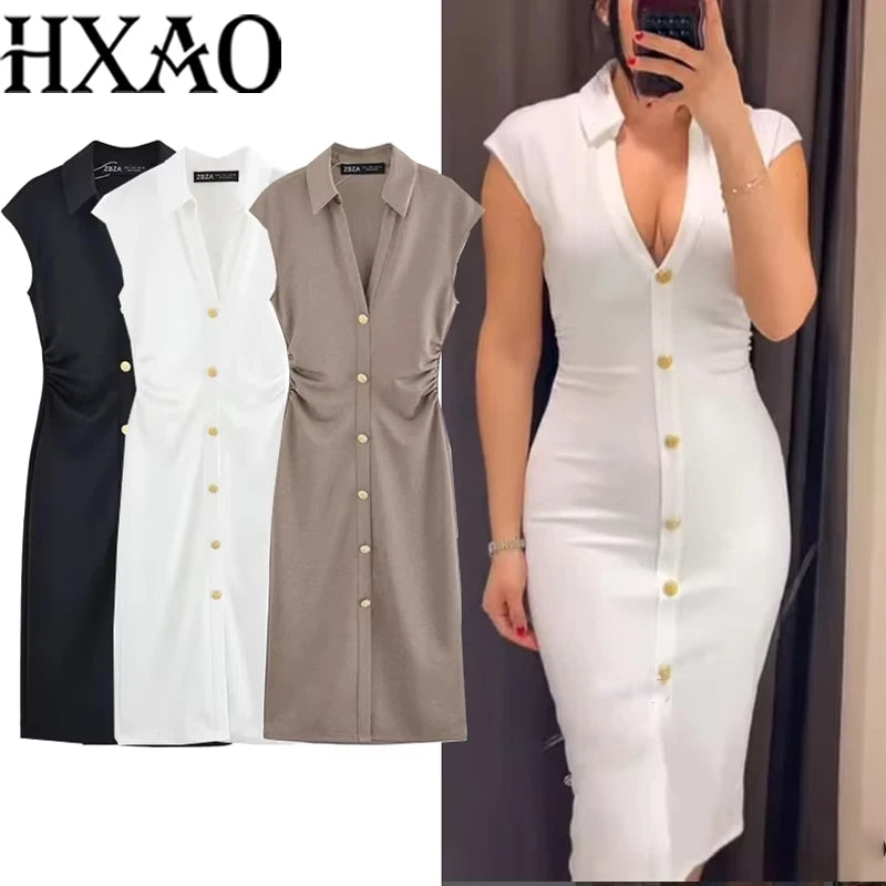 HXAO Ruched Shirt Midi Dresses 2025 Woman Summer Sleeveless Black White Dress Women Bodycon Elegant Casual Women's Dress 088