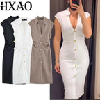HXAO Ruched Shirt Midi Dresses 2025 Woman Summer Sleeveless Black White Dress Women Bodycon Elegant Casual Women's Dress 088