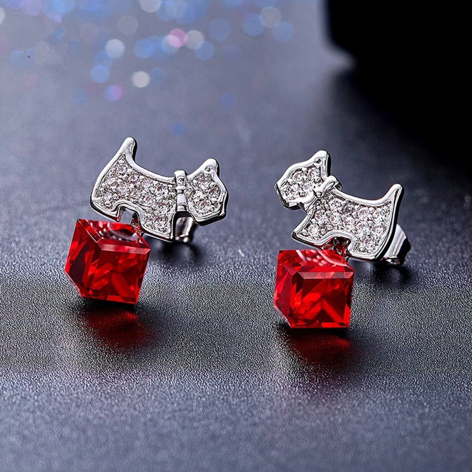 Cute Dog Woman Jewellery Set with Red Austrian Crystals Puppy Pendant Necklace Stud Earrings for Women Animal Accessories Gifts