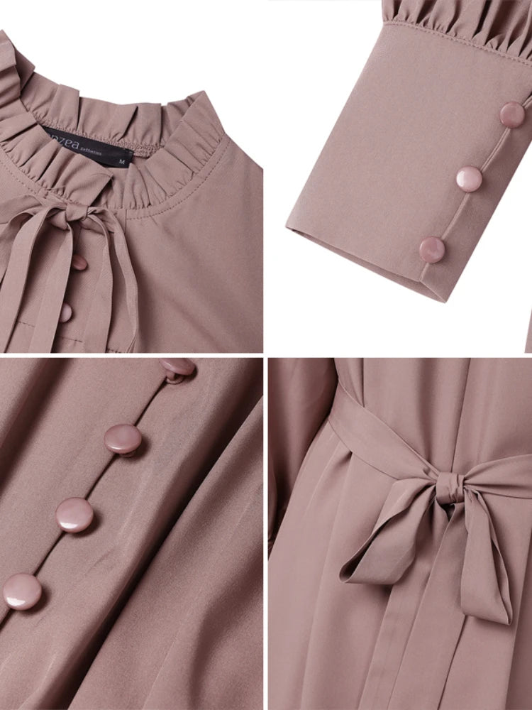 ZANZEA Women Luxury Maxi Dresses Elegant Modest Ruffled Collar Tied Waist Long Sleeve Long Dress Muslim Hijabs Abaya Robes S-3XL