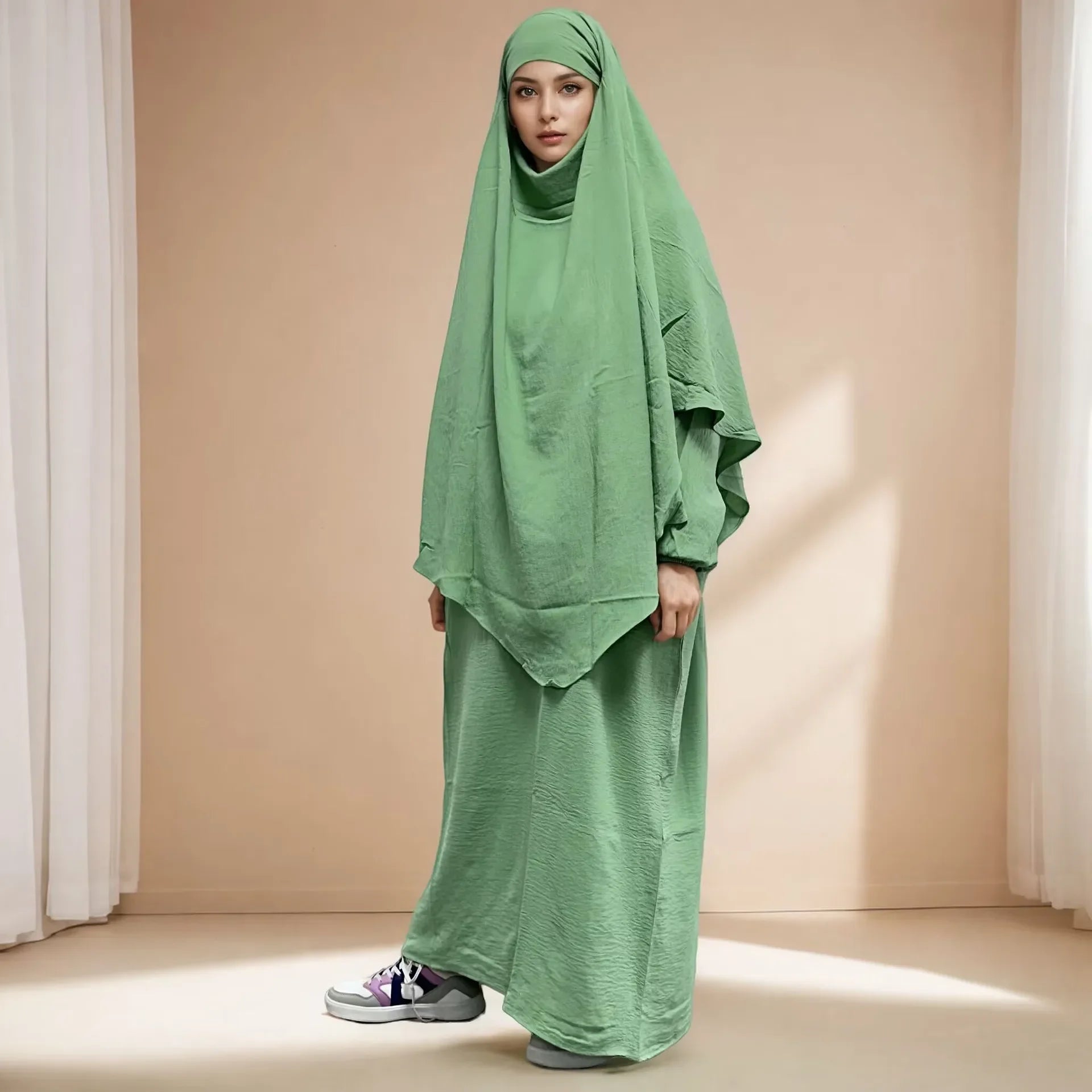 Ramadan Eid 2 Piece Set Crepe Muslim Women Prayer Garment Abaya Set Match Khimar Long Hijab Dress Islamic Clothing Niqab Kaftan