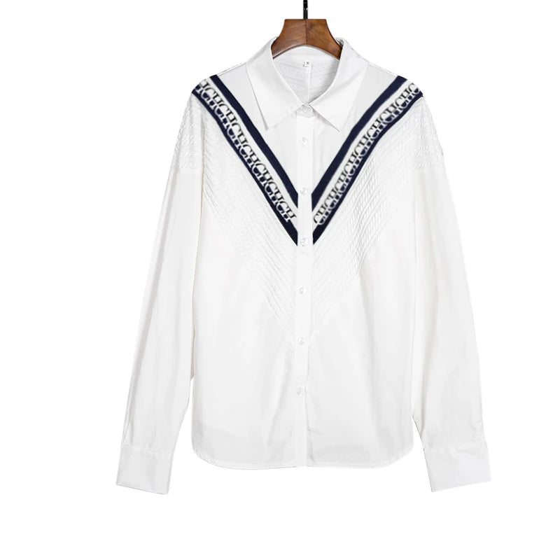 CHCH Women's Blouse Knitted Patchwork Striped Blouse Casual Fashion Office Lady Tops Clothing Streetwear Single-Breasted Shirts