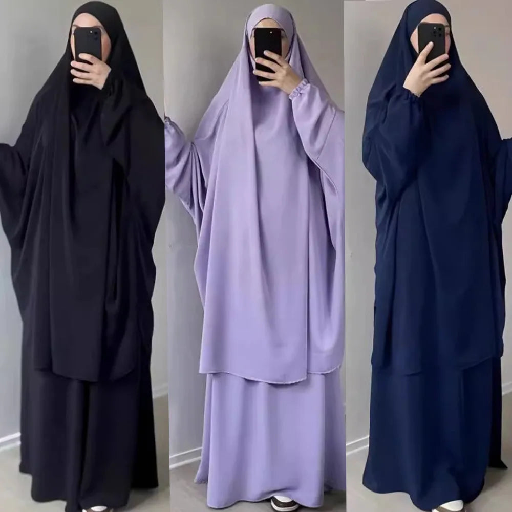 2PCS Women Eid Hooded Muslim Hijab Dress Set Prayer Garment Robes Abaya Khimar Full Cover Ramadan Gown Abayas Islamic Clothing