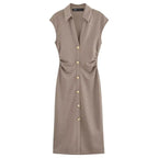 HXAO Ruched Shirt Midi Dresses 2025 Woman Summer Sleeveless Black White Dress Women Bodycon Elegant Casual Women's Dress 088