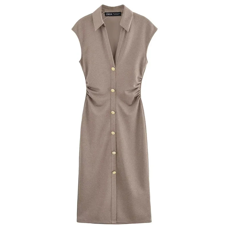 HXAO Ruched Shirt Midi Dresses 2025 Woman Summer Sleeveless Black White Dress Women Bodycon Elegant Casual Women's Dress 088