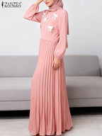 Stylish Women Patchwork Dresses 2026 ZANZEA Fashion Party Dress Spring Long Sleeve Bows Pleated Sundress Muslim Abaya Robe Femme