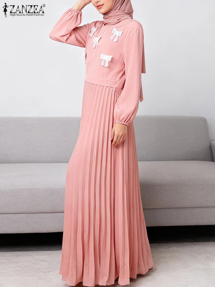 Stylish Women Patchwork Dresses 2026 ZANZEA Fashion Party Dress Spring Long Sleeve Bows Pleated Sundress Muslim Abaya Robe Femme