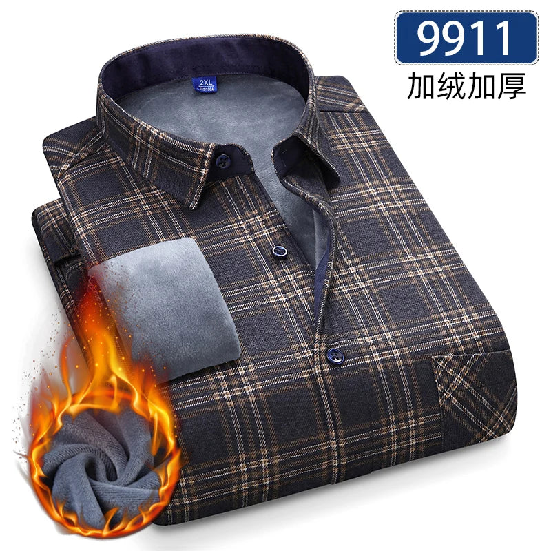 Autumn Winter Thicken Fleece Shirts For Men Business Plaid Shirt Long Sleeve Warm Clothes Male Single Pocket Classic Check Shirt