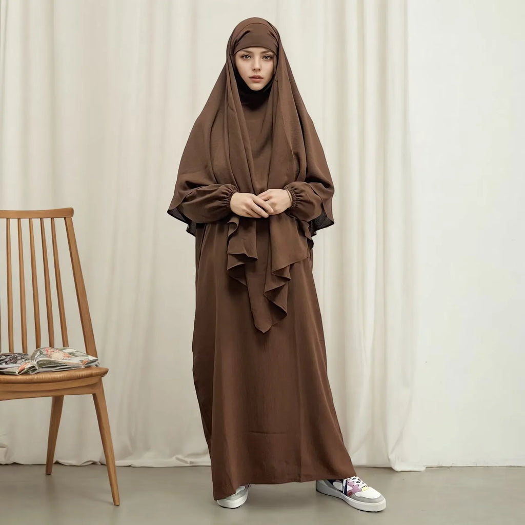 Ramadan Eid 2 Piece Set Crepe Muslim Women Prayer Garment Abaya Set Match Khimar Long Hijab Dress Islamic Clothing Niqab Kaftan