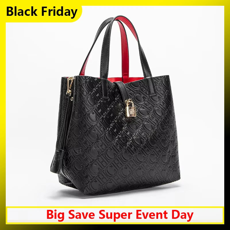 CH Fashion Brand Shoulder Bag for Women Large Capacity Casual Hard Bag with Letters Embossed PU Leather Womenswear