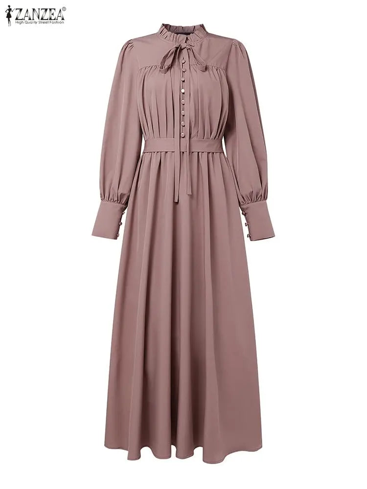 ZANZEA Women Luxury Maxi Dresses Elegant Modest Ruffled Collar Tied Waist Long Sleeve Long Dress Muslim Hijabs Abaya Robes S-3XL