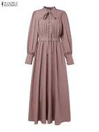 ZANZEA Women Luxury Maxi Dresses Elegant Modest Ruffled Collar Tied Waist Long Sleeve Long Dress Muslim Hijabs Abaya Robes S-3XL