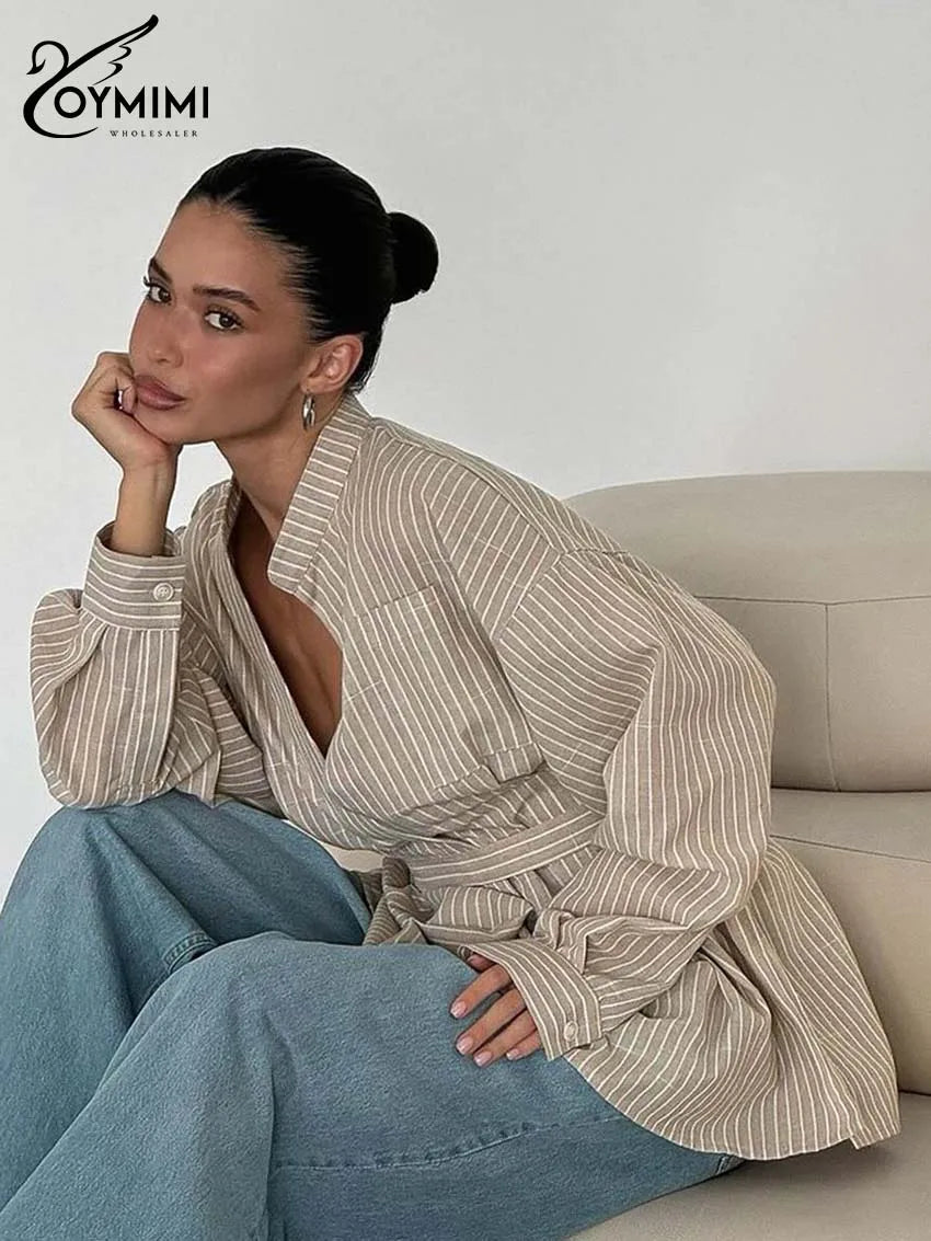 Oymimi Fashion Brown Striped Print Women Top Elegant Long Sleeve Pockets Lace-Up Blouses Spring Casual New Lapel Button Shirts