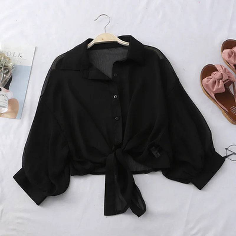 2025 Summer Half Sleeve Buttoned Up Shirt Loose Casual Blouse Chiffon Shirts Women Tied Waist Elegant Blouses for Women 9776
