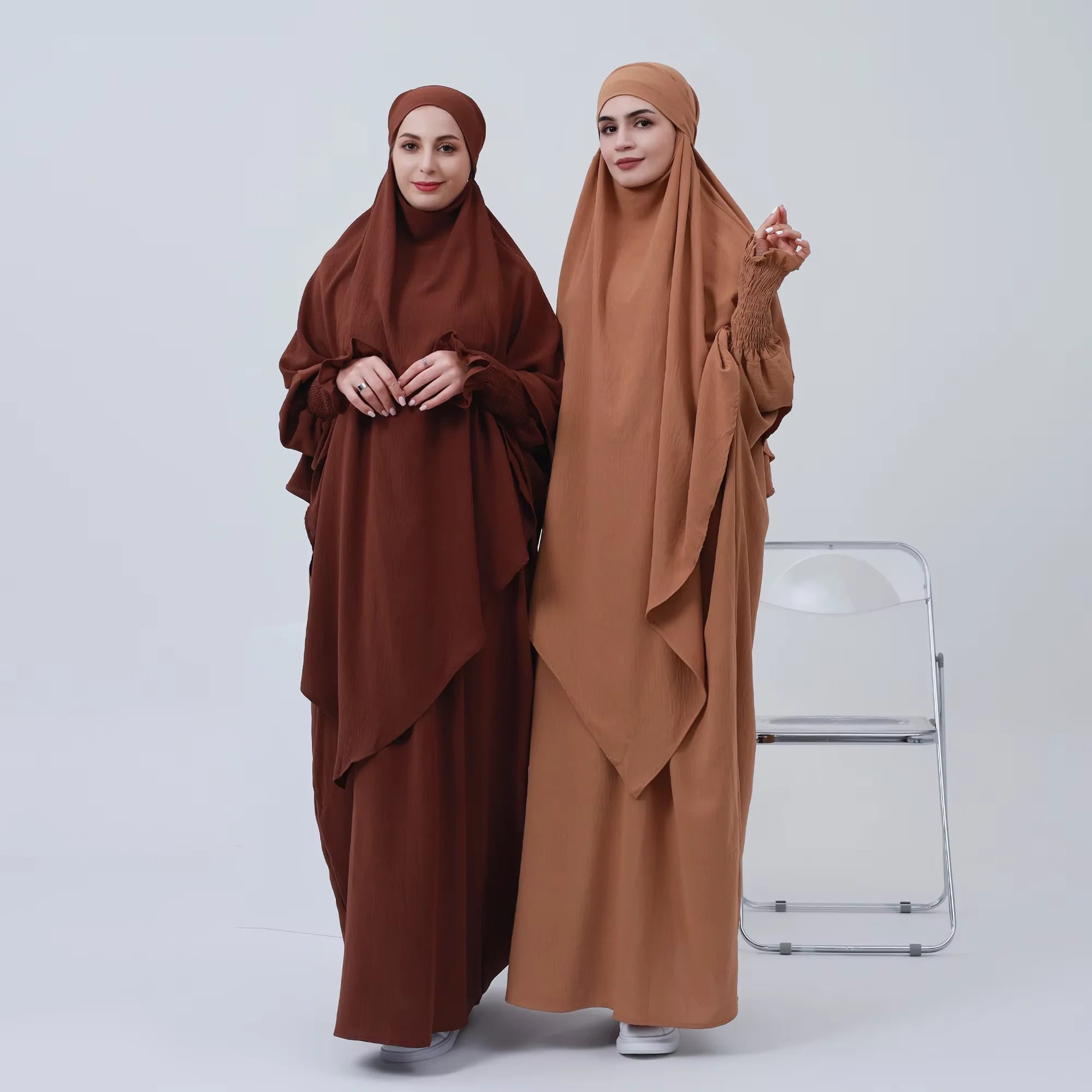 2PCS Muslim Women 2 Layer Hijab Dress Set Islamic Clothing Dubai Turkey Abaya Kaftan Eid Ramadan Djellaba Burqa Khimar Jalabiya