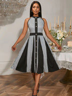 2025 Fashion Stretch Retro Elegant Dress Houndstooth Neck Sleeveless Waisted Single-breasted Large Swing Mid-length Dress