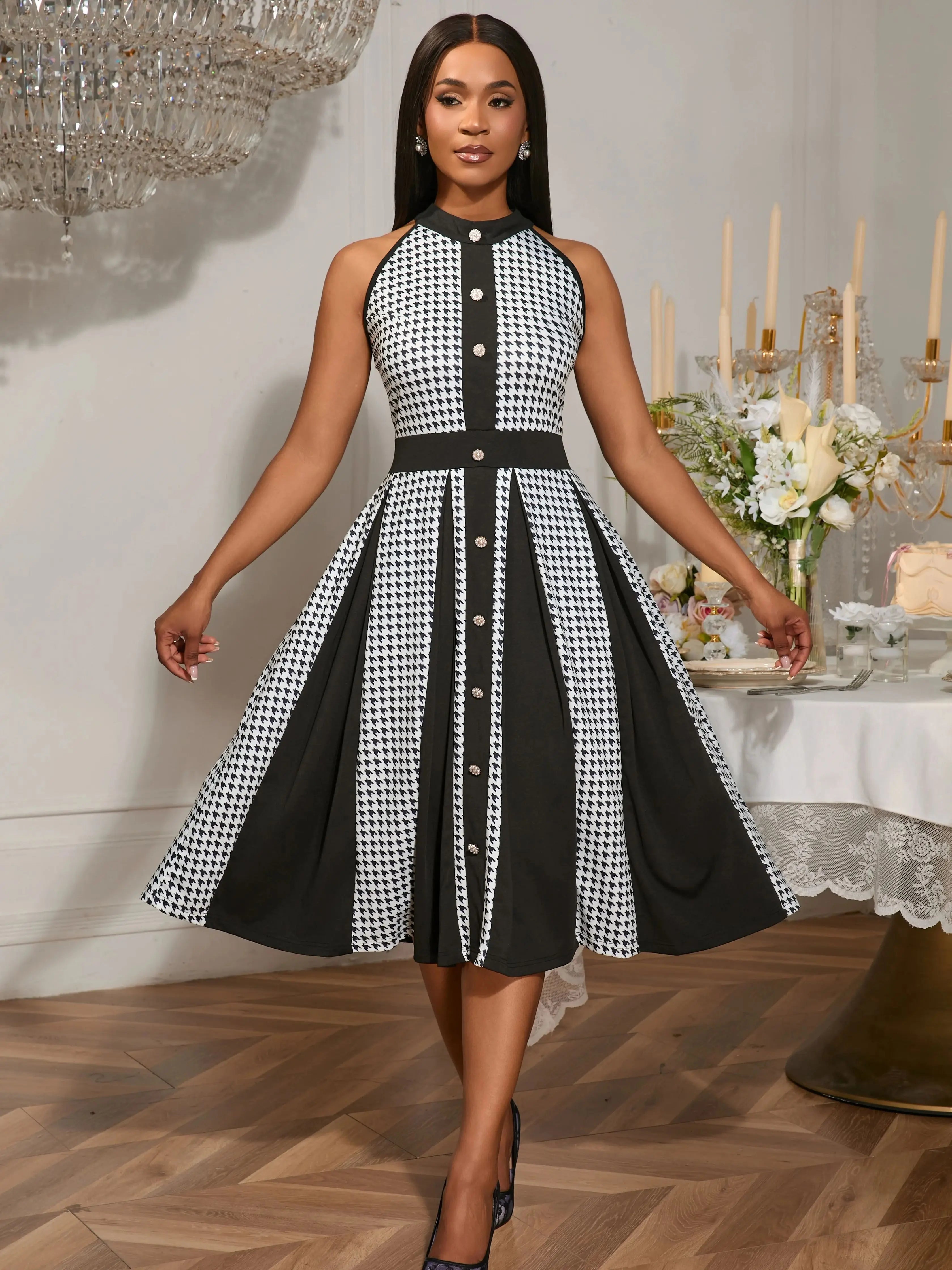 2025 Fashion Stretch Retro Elegant Dress Houndstooth Neck Sleeveless Waisted Single-breasted Large Swing Mid-length Dress