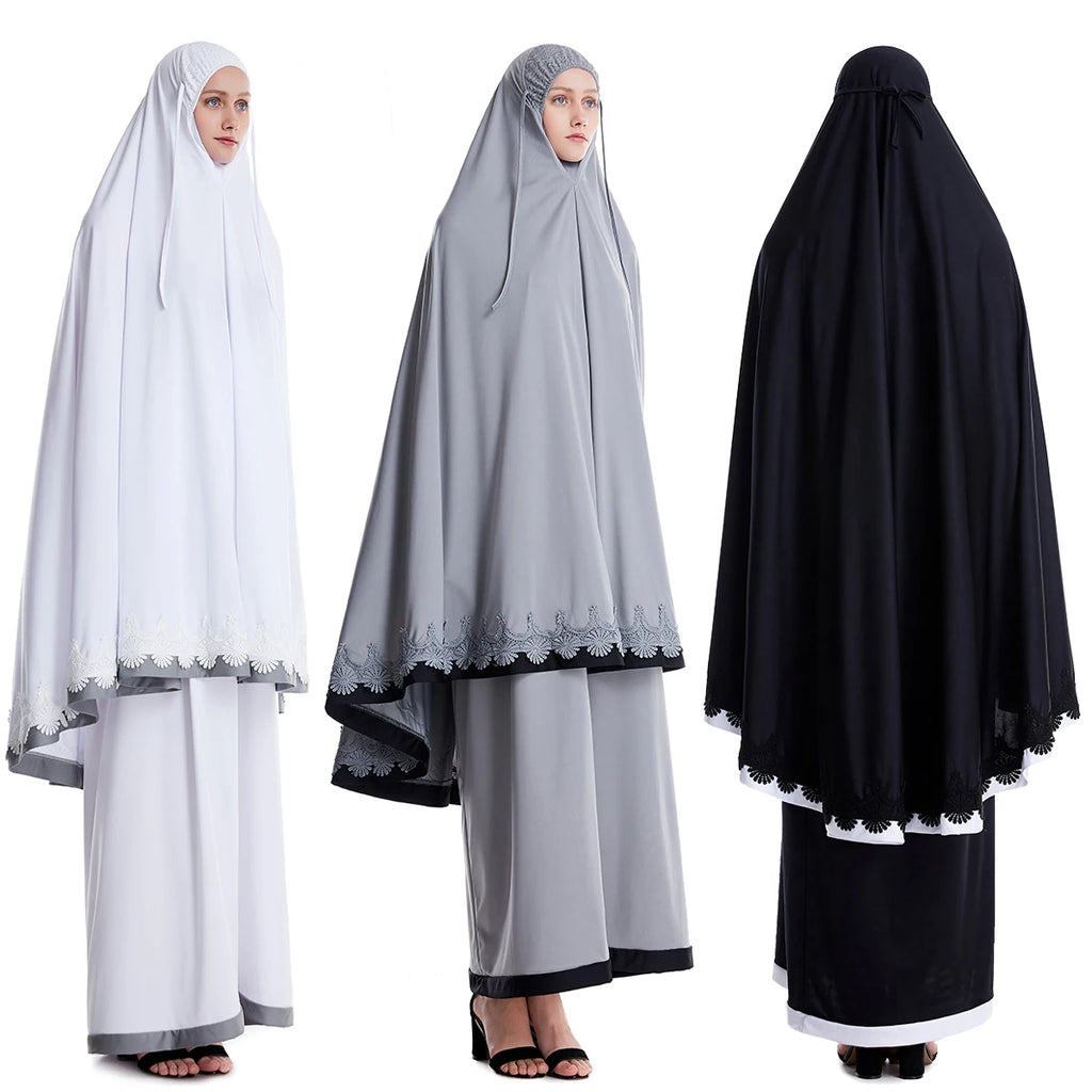 Muslim Women Burqa Dress Lace Two-piece Suit Ethnic Lady Hijab Abaya Suit Ramadan Eid Prayer Garment