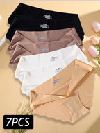 7PCS/Set Ice Silk Seamless Panties Women's Briefs Solid Color Elastic Underwear Female Ultra Thin No Trace Wavy Side Panties