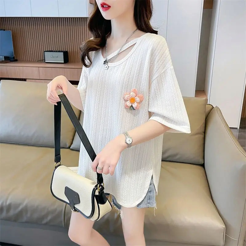 Design-slit U-neck Short-sleeved T-shirt for Women - Jabo's Shop