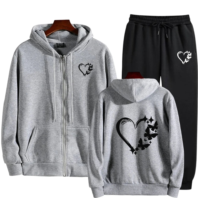 Fashion Womens Hoodies Coat Heart Printed Casual Zipper Jacket Jogging Sweatpants Daily Sports Clothing 2025 Quality Streetwear