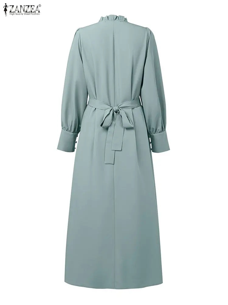 ZANZEA Women Luxury Maxi Dresses Elegant Modest Ruffled Collar Tied Waist Long Sleeve Long Dress Muslim Hijabs Abaya Robes S-3XL