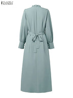 ZANZEA Women Luxury Maxi Dresses Elegant Modest Ruffled Collar Tied Waist Long Sleeve Long Dress Muslim Hijabs Abaya Robes S-3XL