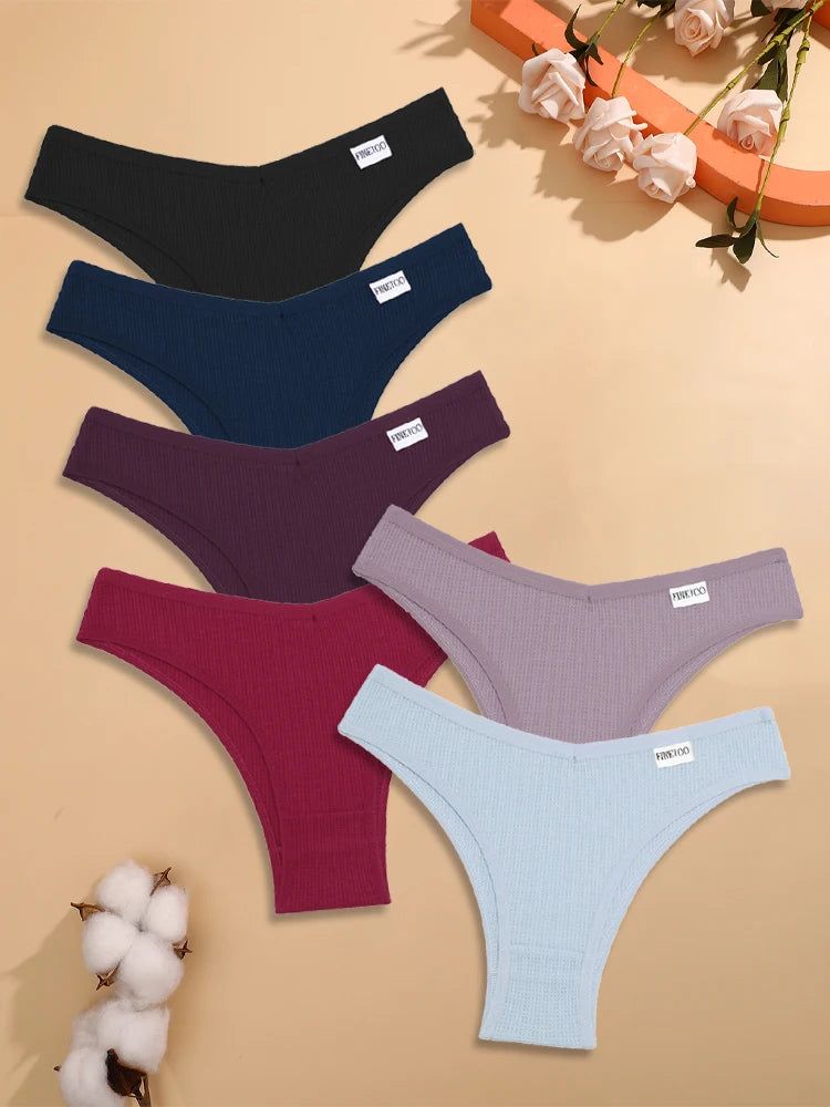6PCS/Set Cotton Waffle Underwear for Women Sexy Low-Waist Brazilian Panties Female Breathable Solid Color Soft Lingerie Bikini