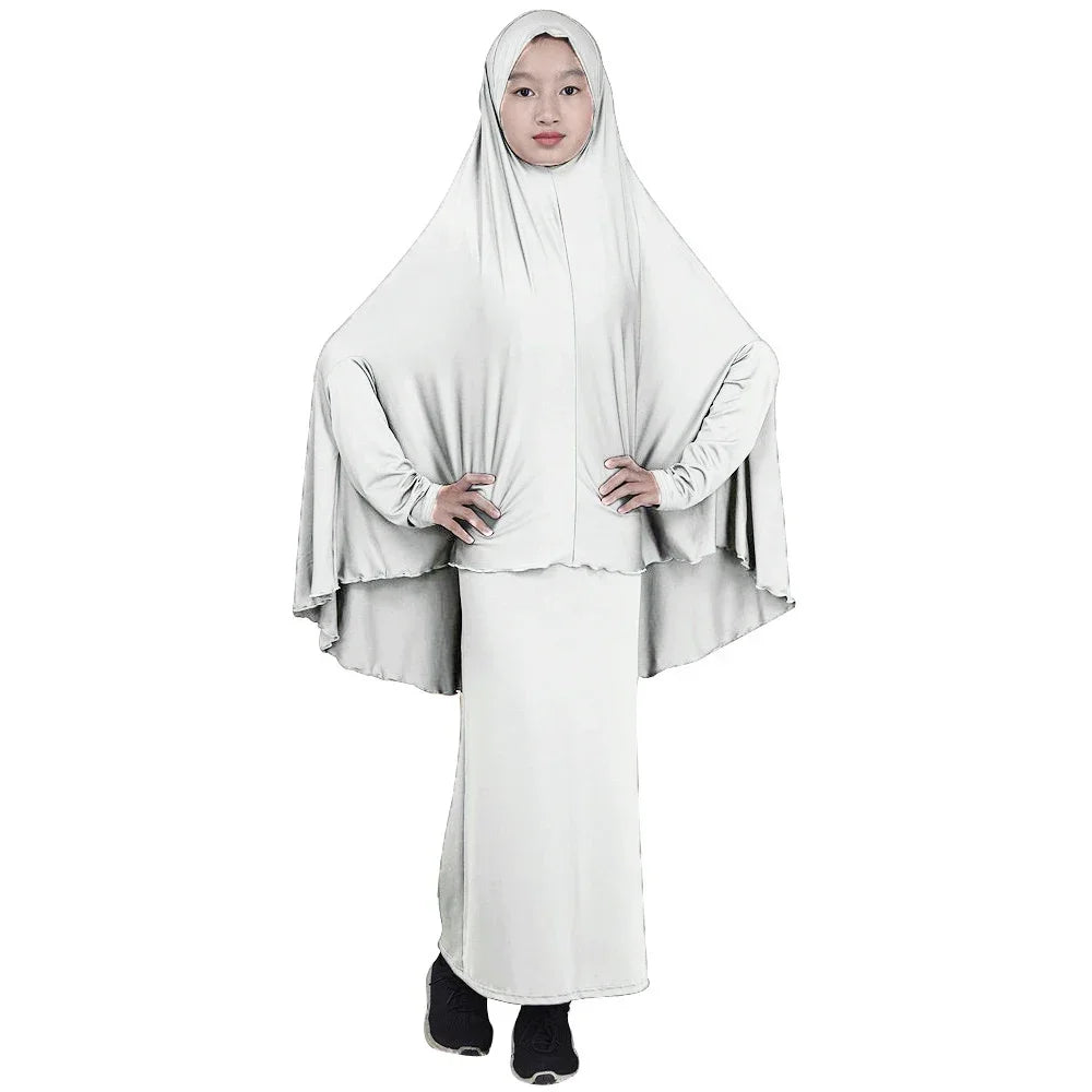 Muslim Prayer Garment for Kids, Child Dress, Overhead Caftan, Khimar Skirts, Islamic Full Cover Hijab, Abaya Arab Robe, 2 Piece