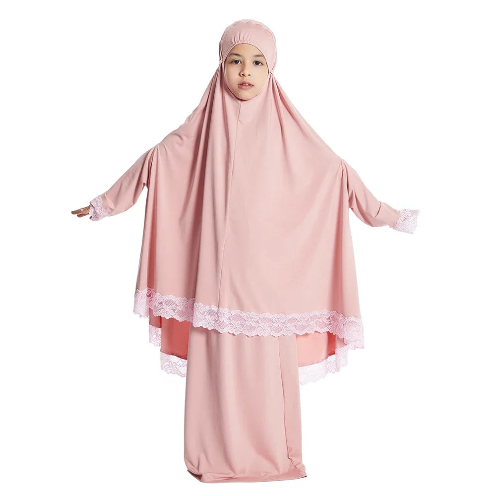 Muslim Kids Girls Hijab Dress Eid Djellaba Khimar Jalabiya Ramadan Skirt Set Prayer Garment Islam Burqa Abaya Robe Kaftan Hooded
