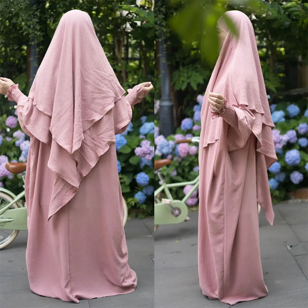 2PCS Muslim Women 2 Layer Hijab Dress Set Islamic Clothing Dubai Turkey Abaya Kaftan Eid Ramadan Djellaba Burqa Khimar Jalabiya