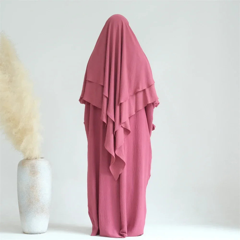 2PCS Muslim Women 2 Layer Hijab Dress Set Islamic Clothing Dubai Turkey Abaya Kaftan Eid Ramadan Djellaba Burqa Khimar Jalabiya