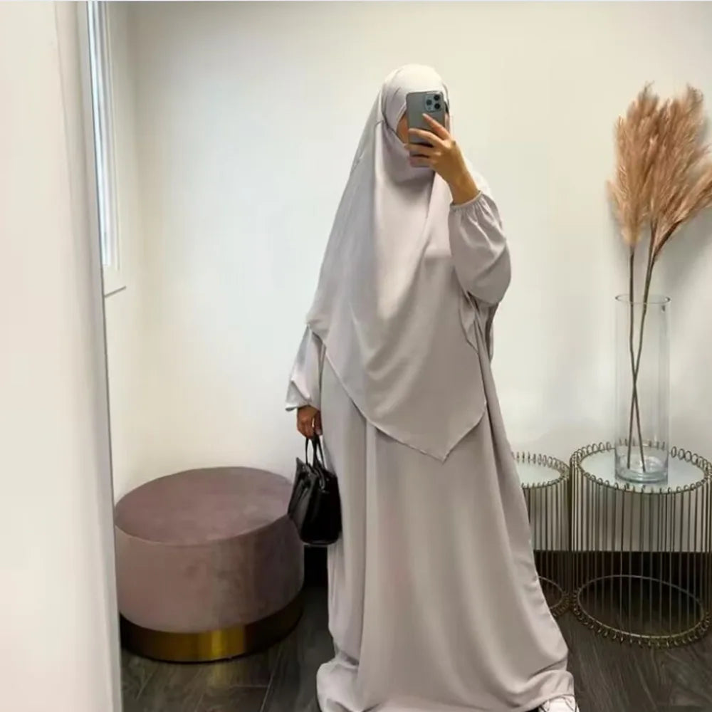 Ramadan Eid 2 Piece Set Crepe Muslim Women Prayer Garment Abaya Set Match Khimar Long Hijab Dress Islamic Clothing Niqab Kaftan