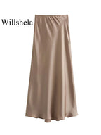 Willshela 2024 Black Satin Skirt Woman High Waist Elegant Long Skirts For Women Fashion Summer Midi Skirt Office Women's Skirts