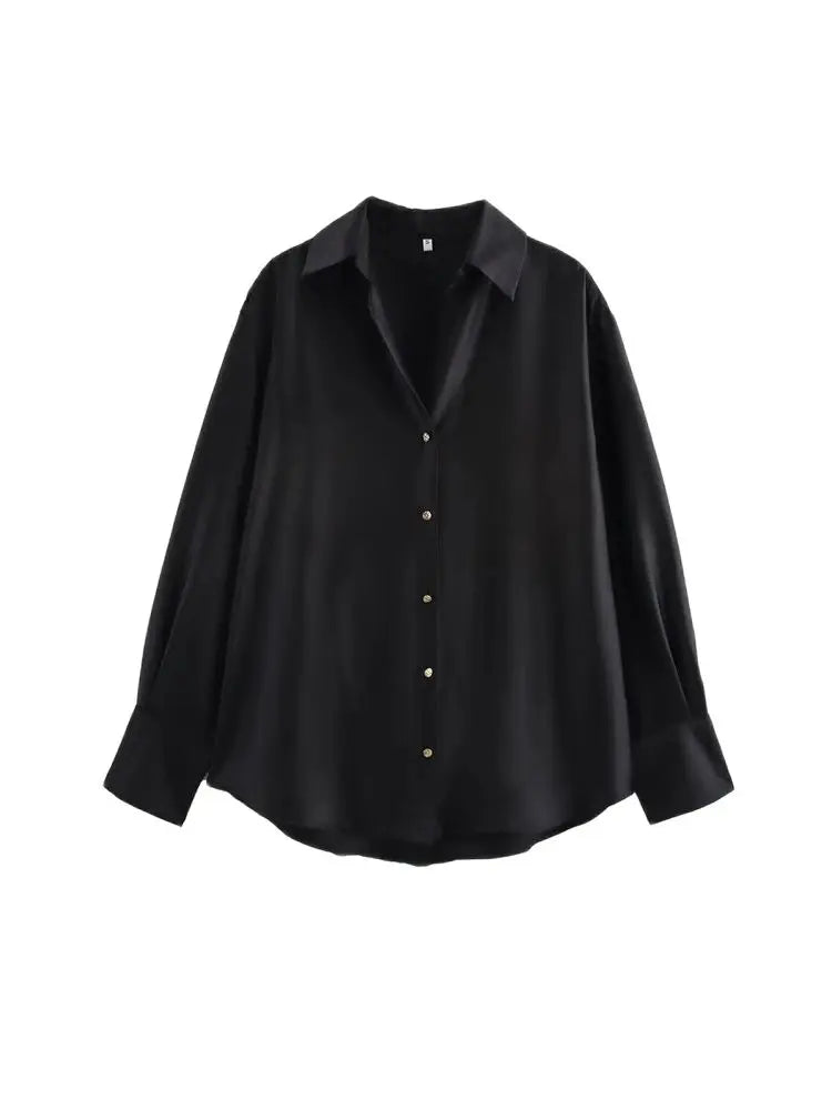 Women's Chic Lapel Collar Blouse Long Sleeve Button-Up Fashion Flowing Top Elegant Female Shirt Office