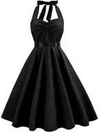 Sexy Halter Party Dress Women Summer Backless Vintage Retro Rockabilly Swing Elegant Solid Midi Sundress